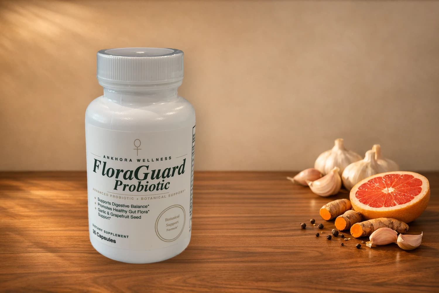 FloraGuard Probiotic bottle with fresh garlic bulbs and cloves on warm walnut wood