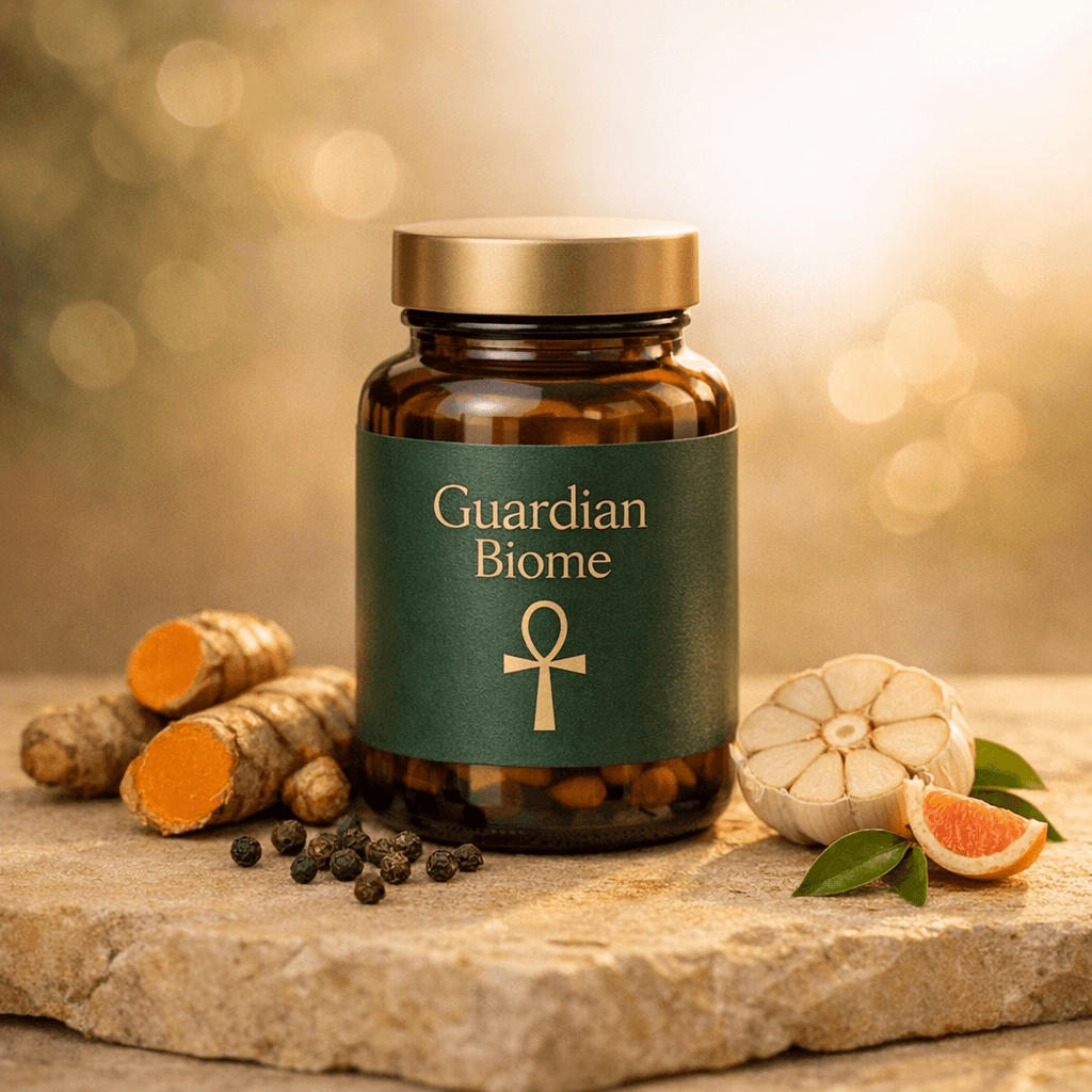 Guardian Biome probiotic supplement bottle with turmeric, garlic, and black peppercorns on natural sandstone