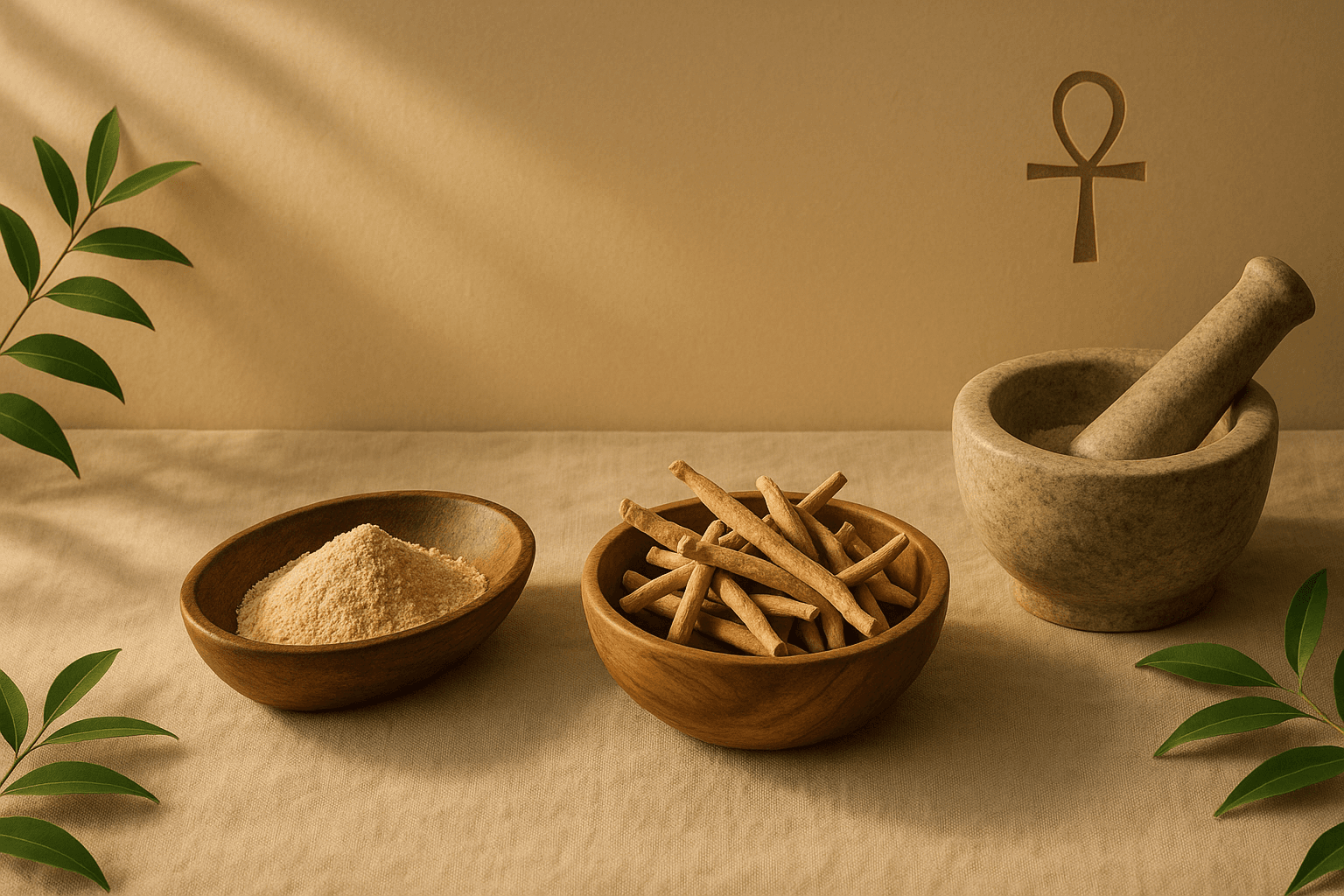 Calming botanical scene representing ashwagandha for stress relief