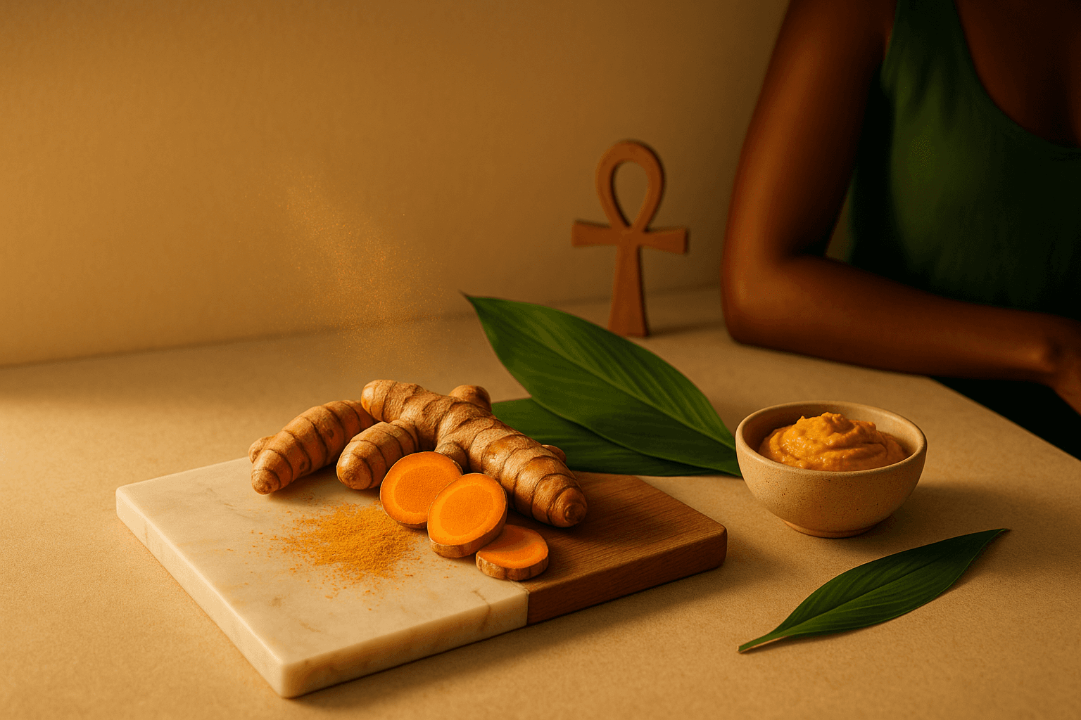 Golden curcumin and turmeric scene representing hormonal balance for PCOS
