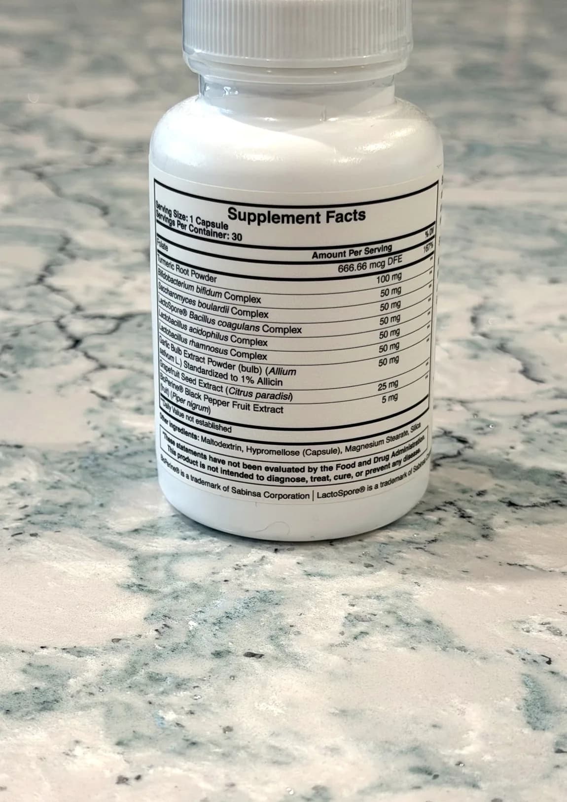 FloraGuard Probiotic supplement facts panel, as printed on the bottle's back label