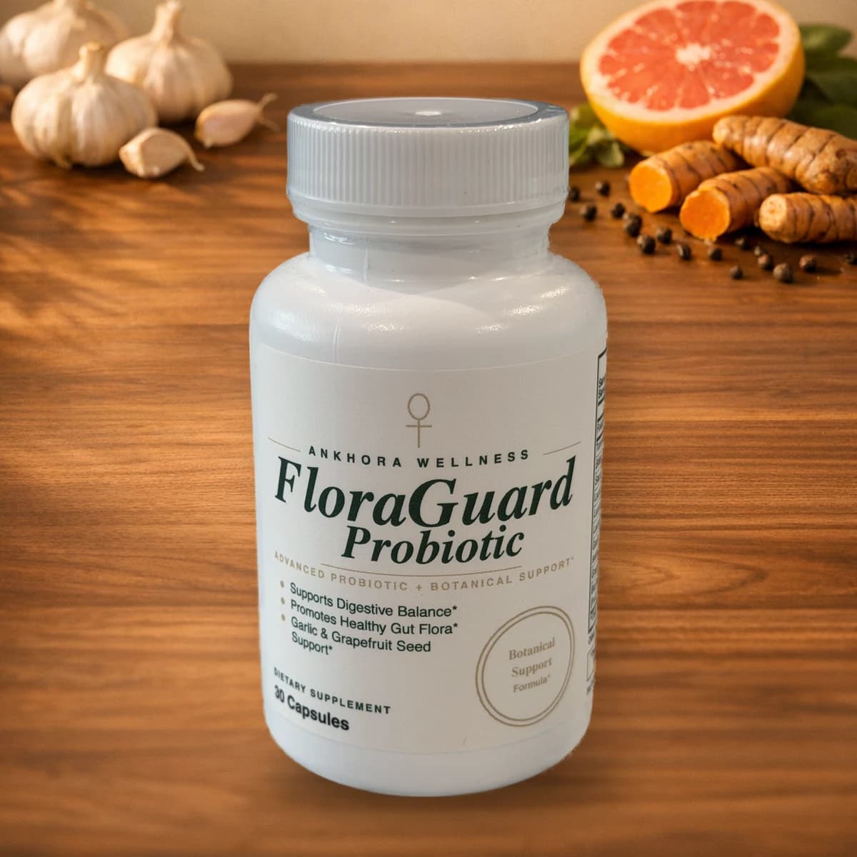 FloraGuard Probiotic bottle — 30 capsules — with fresh garlic, halved grapefruit, turmeric root, and black peppercorns on warm walnut wood in golden-hour light