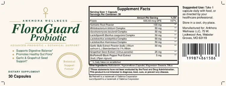 FloraGuard Probiotic printed label — Advanced Probiotic + Botanical Support, 30 Capsules, full supplement facts panel